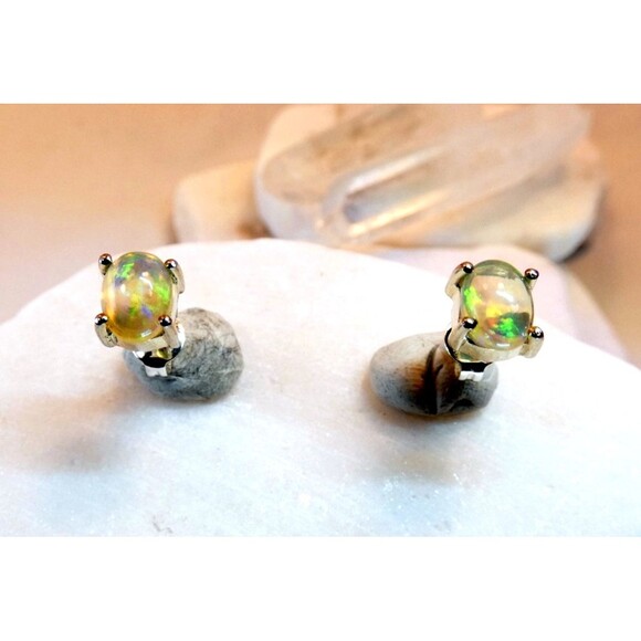 Natural Ethiopian Opal Sterling Silver Stud Earrings Glowing - Picture 1 of 6